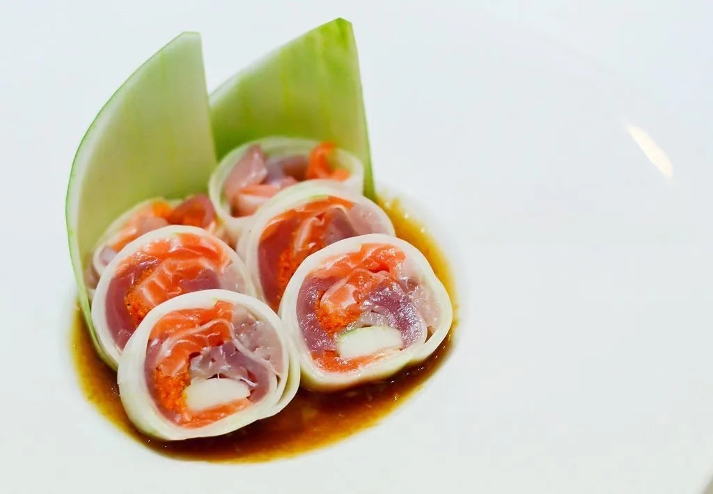 Salmon rolls with cucumber and ponzu