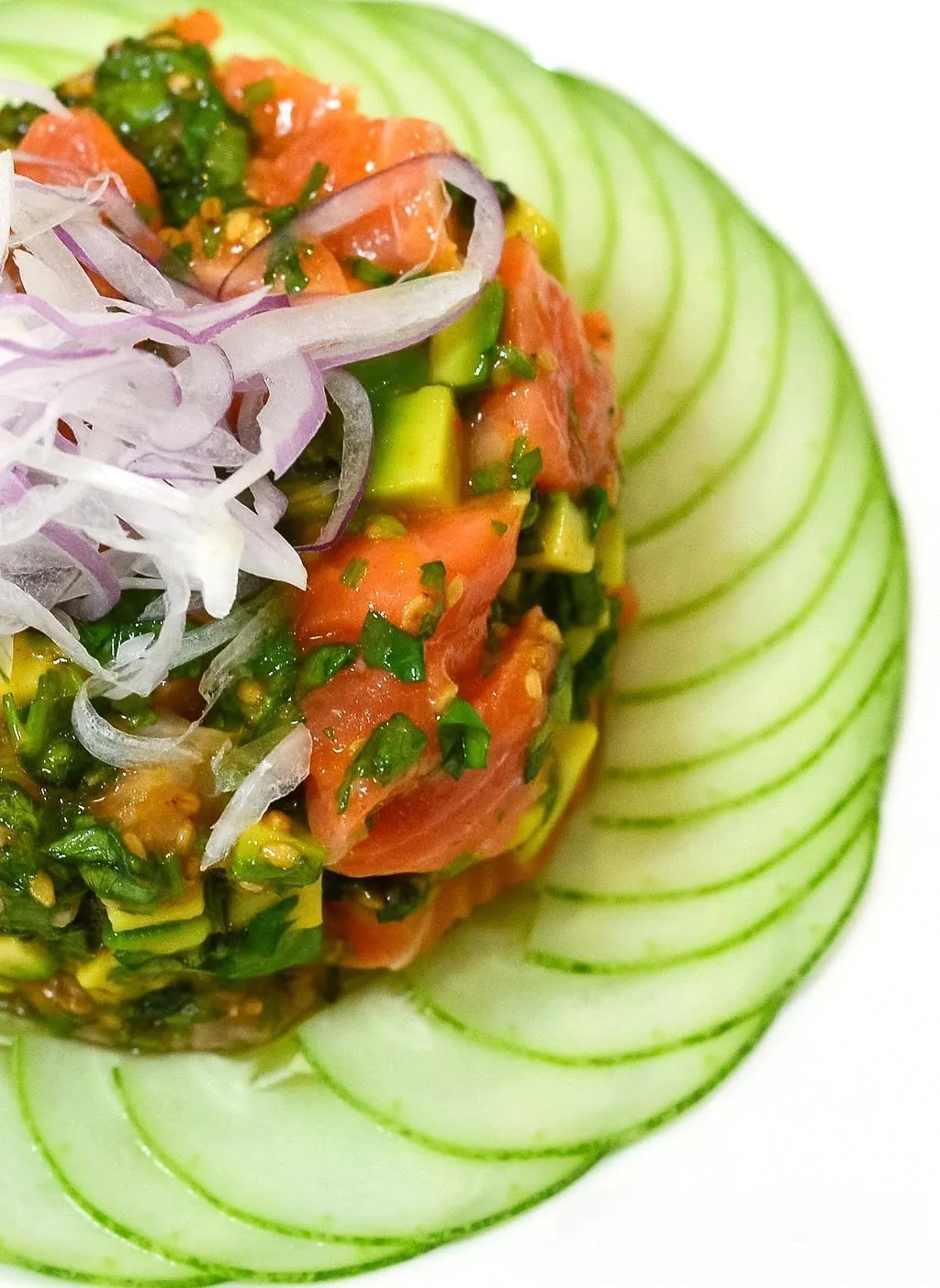 Salmon and avocado tartare on sliced cucumber, close up